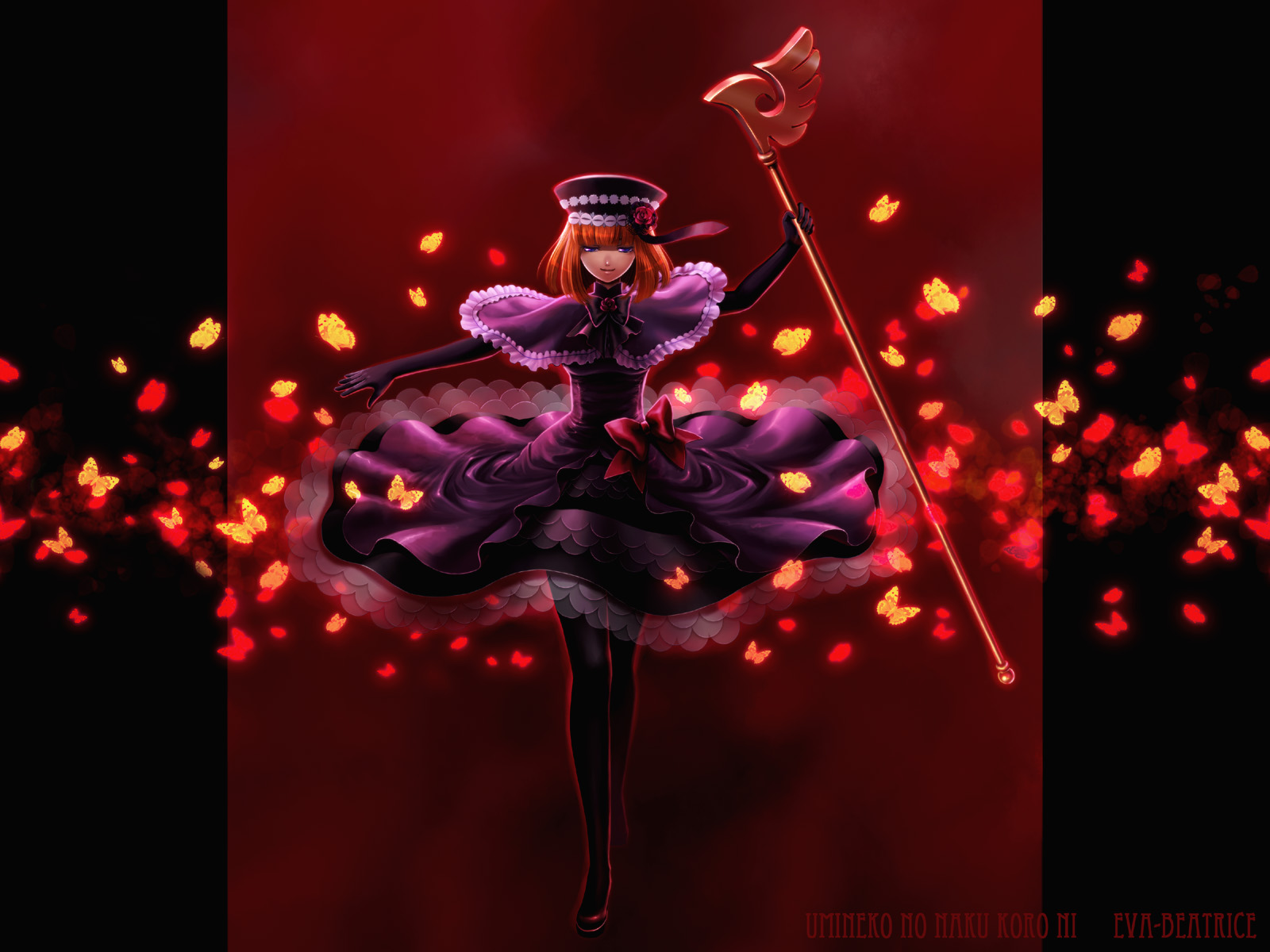nomo (16 16), eva beatrice, umineko no naku koro ni, bad id, bad pixiv id, highres, 00s, 1girl, bug, butterfly, dress, elbow gloves, female focus, frills, gloves, hat, insect, orange hair, ribbon, short hair, solo, staff, too many
