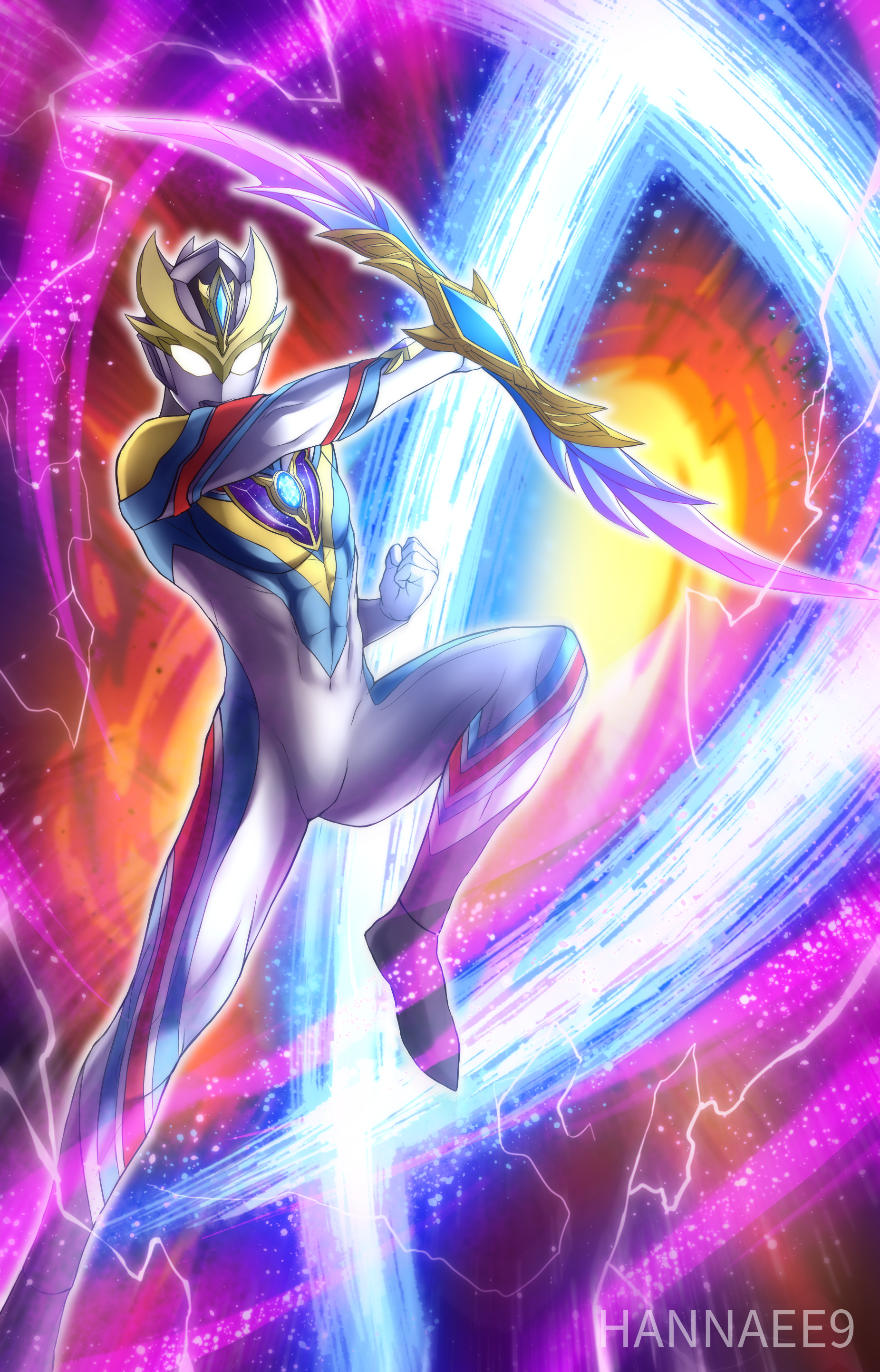 hannaee9, ultraman decker, ultraman decker (dynamic type), tokusatsu, ultra series, ultraman decker (series), absurdres, commentary, highres, 1boy, abs, alien, armor, artist name, blue skin, breastplate, clenched hand, color timer, colored skin, compound eyes, crackling energy, decker shield calibur, dorsal fin, double blade, energy, fiery background, fire, foot out of frame, giant, giant male, glowing, glowing eyes, gold horns, holding, holding sword, holding weapon, horns, knee up, light particles, looking at viewer, male focus, multicolored skin, muscular, muscular male, no pupils, pectorals, powering up, red skin, silver skin, solo, sword, weapon, white eyes, yellow skin