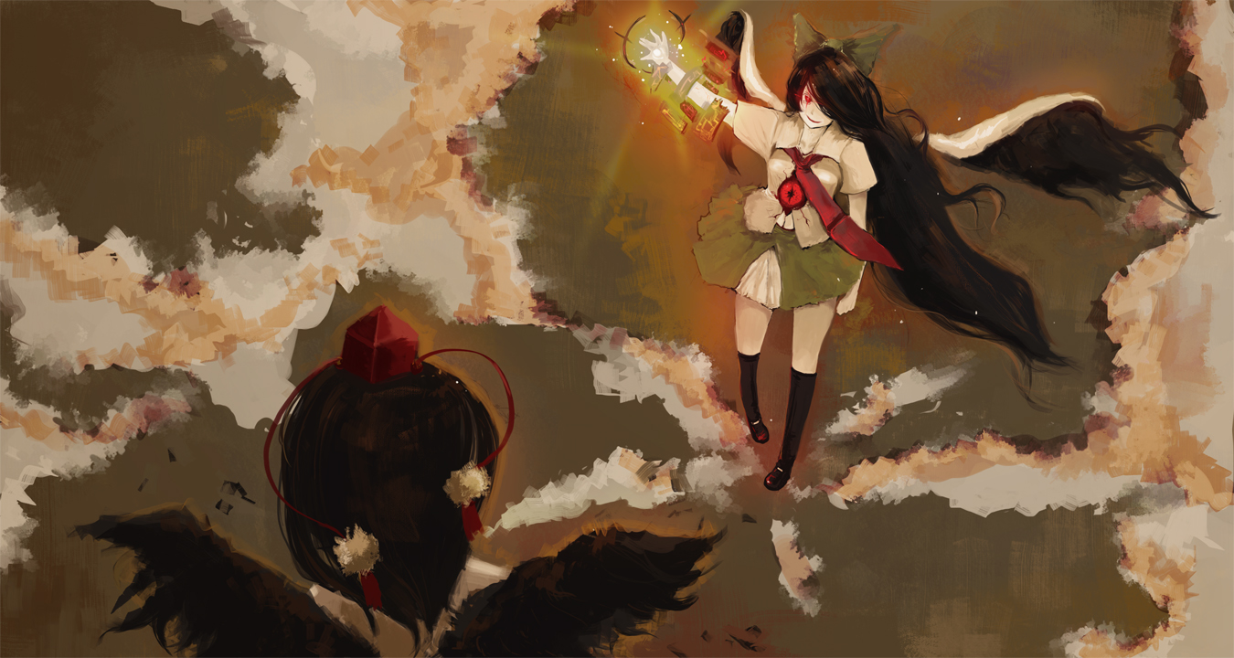 saint burn (pixiv), reiuji utsuho, shameimaru aya, touhou, 2girls, black hair, black wings, female focus, flying, hat, long hair, multiple girls, red eyes, ribbon, wings