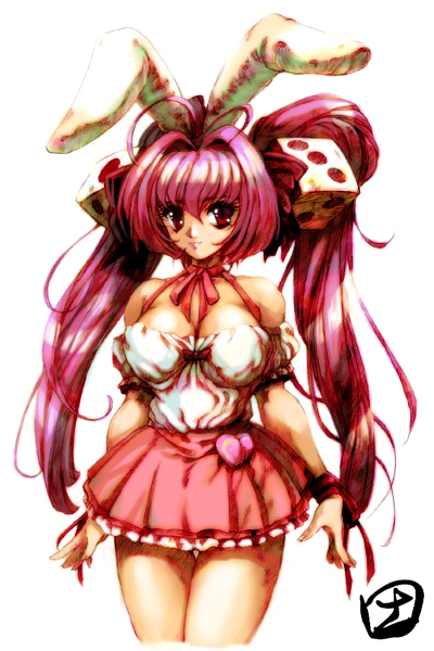 hisahiko, usada hikaru, di gi charat, animal ears, breasts, cleavage, dice, heart, large breasts, long hair, pink hair, rabbit ears, red eyes, solo, twintails, very long hair, waitress