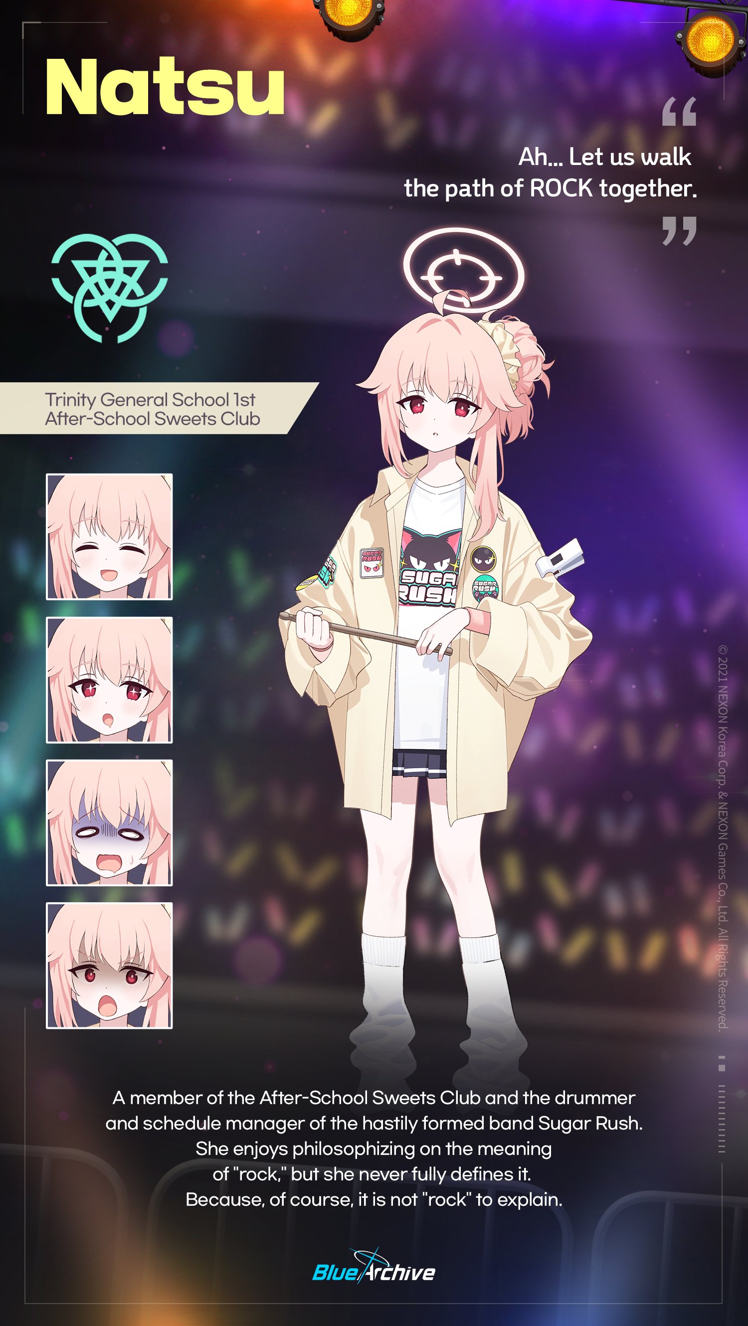 natsu (band) (blue archive), natsu (blue archive), blue archive, absurdres, commentary, english commentary, highres, official art, 1girl, :d, :o, black skirt, character name, closed eyes, drumsticks, english text, full body, holding, holding drumsticks, jacket, long hair, long sleeves, looking at viewer, loose socks, miniskirt, multiple views, official alternate costume, open clothes, open jacket, open mouth, parted lips, pink hair, pleated skirt, print shirt, red eyes, shirt, skirt, smile, socks, standing, white shirt, white socks, yellow jacket