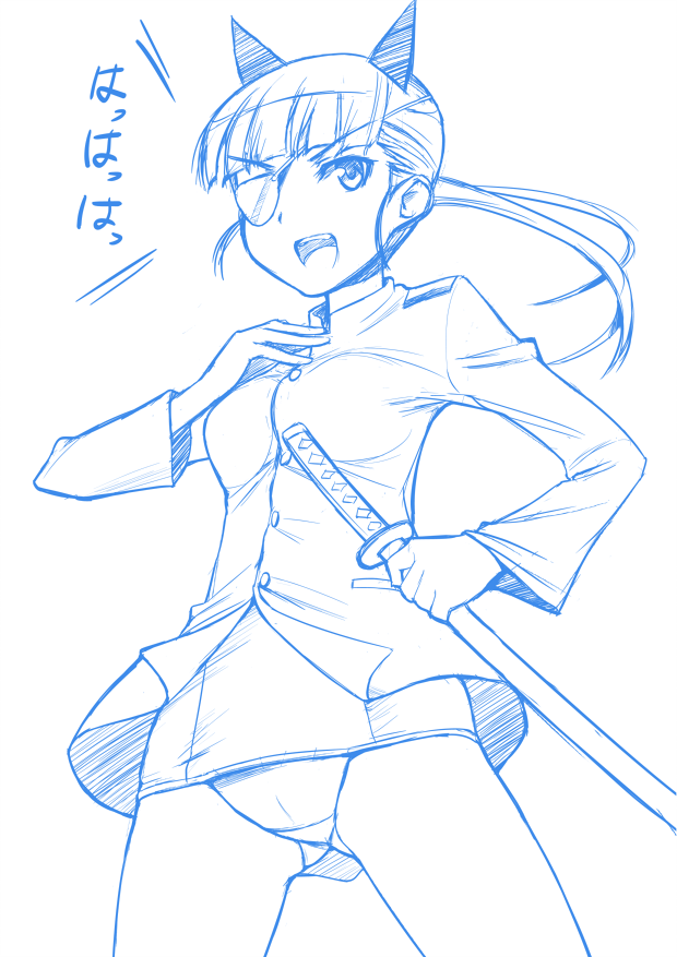 sugar (sugarless), sakamoto mio, strike witches, world witches series, translated, 00s, 1girl, animal ears, blue theme, eyepatch, female focus, monochrome, one-piece swimsuit, open mouth, panties, school swimsuit, sheath, sheathed, solo, swimsuit, sword, underwear, weapon