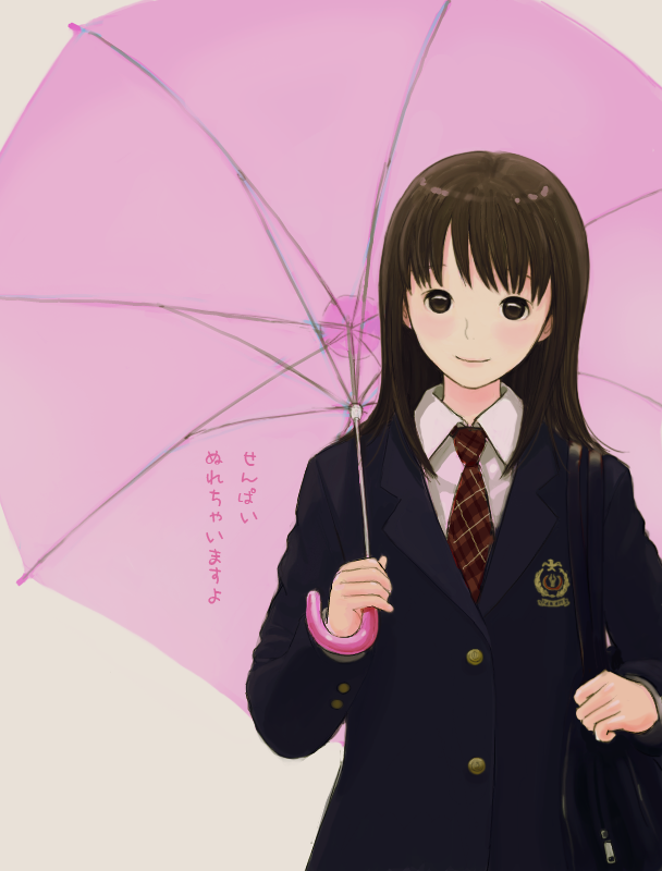 kokudou juunigou, original, duplicate, bag, blouse, brown hair, collared shirt, holding, holding umbrella, necktie, plaid clothes, plaid necktie, red necktie, school uniform, shirt, shoulder bag, simple background, solo, umbrella, white shirt