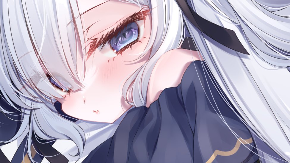 tokito setsuna, natsume an-an, mahou shoujo no majo saiban, commentary request, 1girl, blue eyes, close-up, closed mouth, eyes visible through hair, hair over one eye, long hair, looking at viewer, solo, upper body, white hair