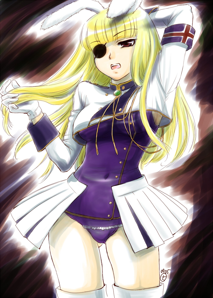 sanarika, chiester00, umineko no naku koro ni, bad id, bad pixiv id, 00s, 1girl, animal ears, armband, blonde hair, eyepatch, female focus, leotard, long hair, rabbit ears, red eyes, showgirl skirt, solo, thighhighs