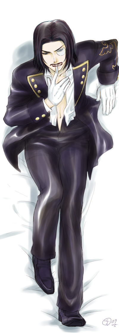 sanarika, ronove (umineko), umineko no naku koro ni, bad id, bad pixiv id, 00s, 1boy, black hair, blue eyes, facial hair, formal clothes, gloves, lying, male focus, monocle, mouth hold, mustache, navel, open clothes, open shirt, shirt, solo, suit