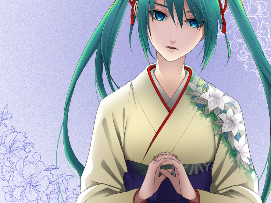 chimachi, hatsune miku, vocaloid, bad id, bad pixiv id, aqua hair, blue eyes, floral print, japanese clothes, kimono, twintails