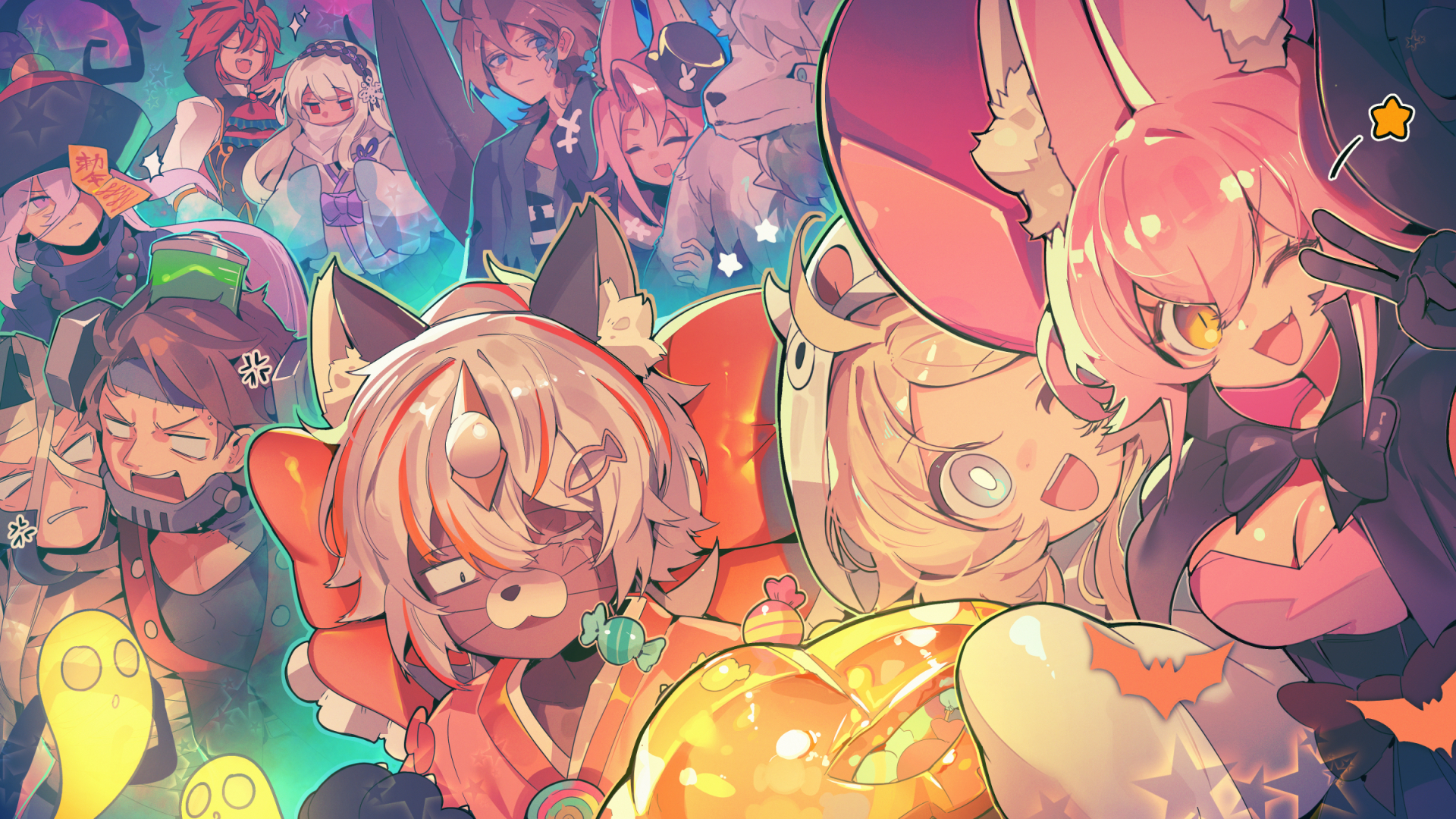 ro g (oowack), aluber (yu-gi-oh!), blazing cartesia the virtuous, ecclesia (yu-gi-oh!), fleurdelis (yu-gi-oh!), kitt (yu-gi-oh!), the golden swordsoul, tri-brigade ferrijit the barren blossom, tri-brigade rugal the silver sheller, tri-brigade shuraig the ominous omen, yu-gi-oh!, highres, 6+boys, 6+girls, albaz (yu-gi-oh!), alternate costume, blonde hair, breasts, brown hair, cleavage, cosplay, duel monster, halloween costume, jiangshi, long hair, multicolored hair, multiple boys, multiple girls, open mouth, pink hair, purple eyes, purple hair, red hair, streaked hair, white eyes, white hair, wings, yellow eyes