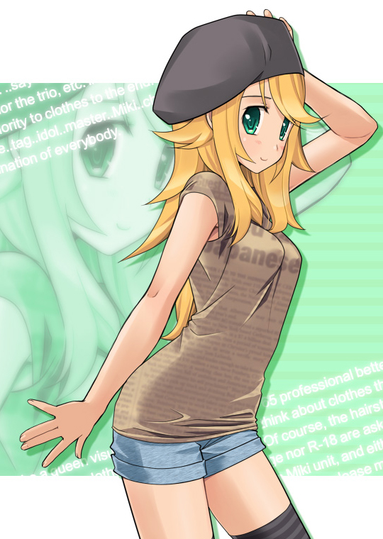 shimamura miwa, hoshii miki, idolmaster, idolmaster (classic), original, 00s, 1girl, armpit peek, blonde hair, breasts, casual, cowboy shot, denim, denim shorts, female focus, green eyes, hand on headwear, hat, hip focus, looking at viewer, medium breasts, shirt, shorts, smile, solo, striped clothes, striped thighhighs, t-shirt, thighhighs, zoom layer