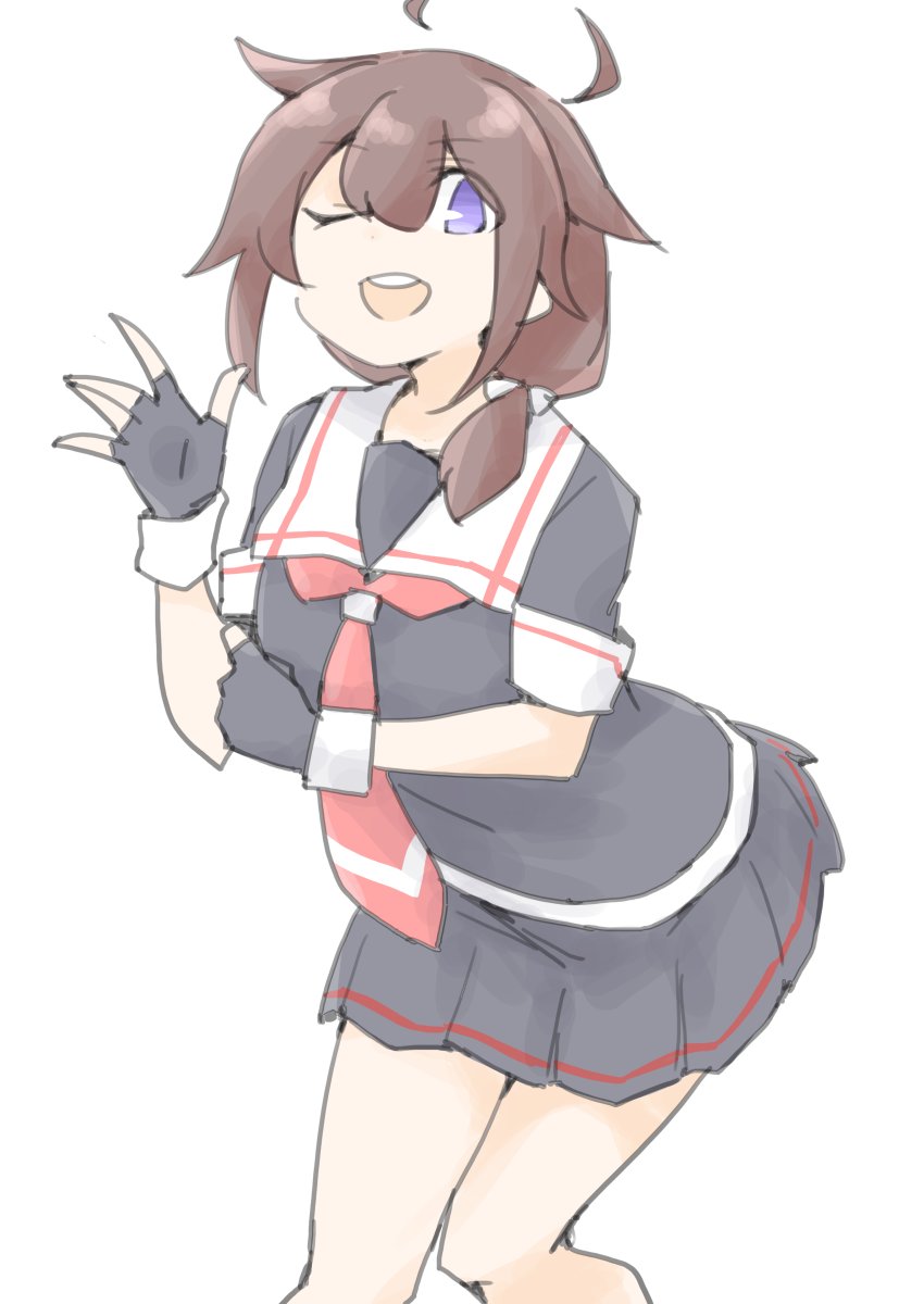 akara kai, shigure (kancolle), shigure kai ni (kancolle), kantai collection, highres, 1girl, ahoge, black serafuku, black shirt, black skirt, blue eyes, brown hair, feet out of frame, hair flaps, hair over shoulder, long hair, neckerchief, pleated skirt, red neckerchief, sailor collar, school uniform, serafuku, shirt, simple background, skirt, smile, solo, waving, white background, white sailor collar