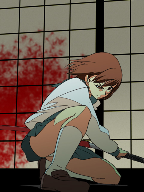 guntank (artist), guntank (guriko), bad id, bad pixiv id, 1girl, blood, brown hair, female focus, panties, school uniform, sheath, shouji, sliding doors, solo, sword, underwear, unsheathing, weapon