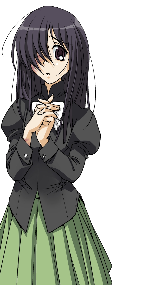 pakrin, ikezawa hanako, katawa shoujo, highres, black hair, black shirt, blouse, hair over one eye, interlocked fingers, long hair, scar, school uniform, shirt, simple background, solo, white background
