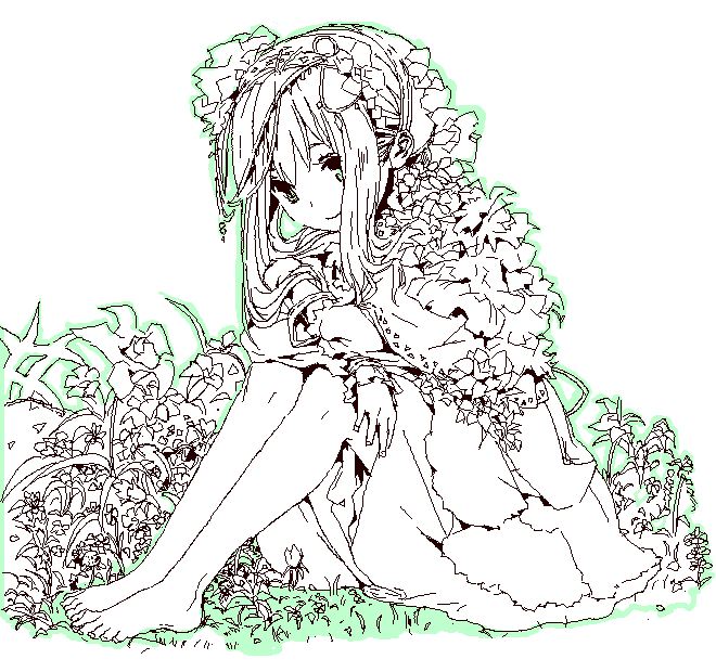 taninatsu, original, 1girl, barefoot, feet, female focus, flower, green eyes, green theme, monochrome, oekaki, sitting, solo