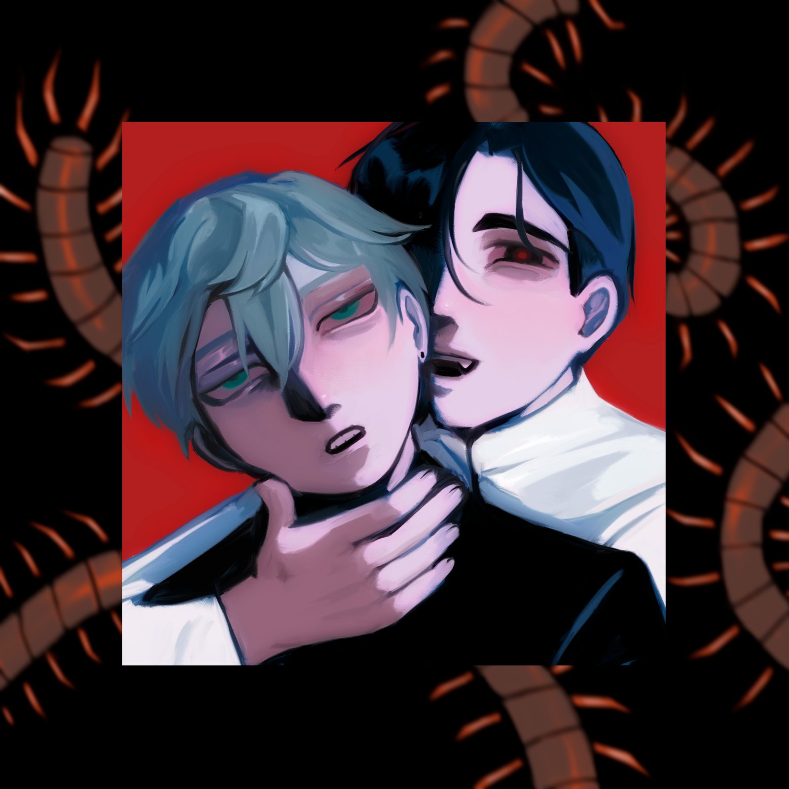 nid log, ivan (alien stage), till (alien stage), alien stage, highres, 2boys, black border, black eyes, black hair, black skirt, border, bug, centipede, earrings, fang, fingernails, green eyes, jewelry, multiple boys, open mouth, pale skin, parted lips, red background, red pupils, shirt, short hair, skirt, smile, teeth, upper teeth only, white shirt, yaoi