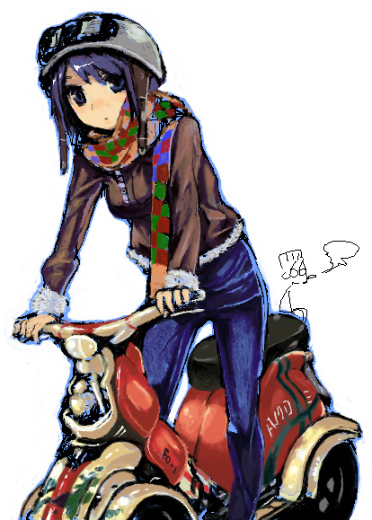 taninatsu, original, vehicle, bad id, bad pixiv id, denim, helmet, jacket, jeans, motor vehicle, pants, scarf, scooter