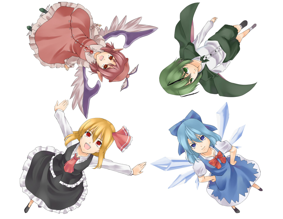 tadokoro teppei, cirno, mystia lorelei, rumia, wriggle nightbug, touhou, bad id, bad pixiv id, 4girls, animal ears, antennae, ascot, blonde hair, blue eyes, blue hair, bow, cape, dress, full body, green eyes, green hair, hair bow, hair ribbon, hat, multiple girls, outstretched arms, pink hair, red eyes, ribbon, short hair, simple background, socks, spread arms, team 9 (touhou), white background, wings