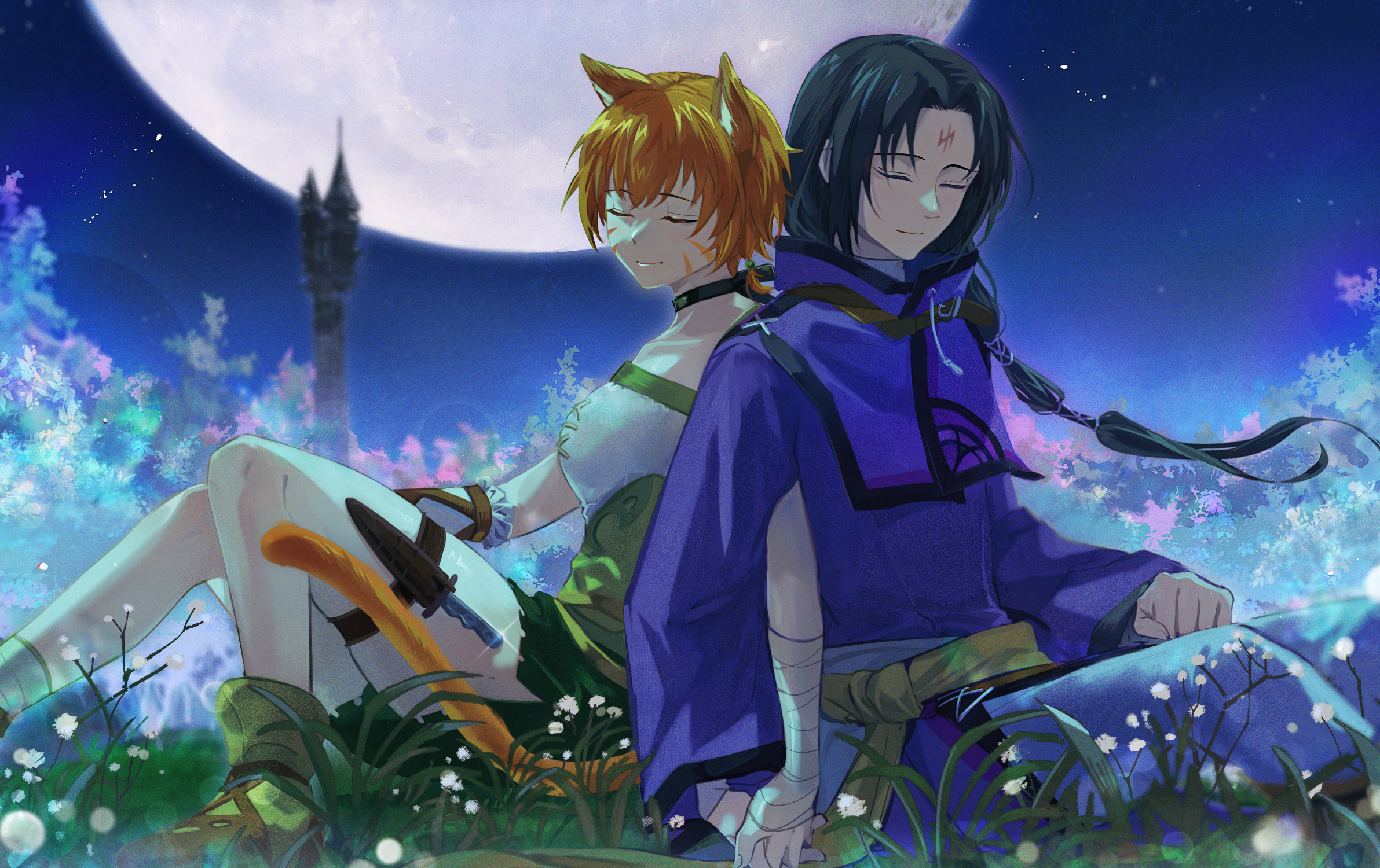 kohamustoto, lethe (fire emblem), soren (fire emblem), soren (isolated strategist) (fire emblem), fire emblem, fire emblem: path of radiance, fire emblem: radiant dawn, fire emblem heroes, nintendo, commission, commissioner upload, highres, 1boy, 1girl, animal ears, back-to-back, belt, black hair, breasts, cat, cat ears, cat girl, cat tail, choker, closed eyes, closed mouth, collar, dandelion, facial mark, flower, forehead mark, grass, green choker, green collar, green shorts, hand guard, holding hands, knife, knife sheath, light smile, medium breasts, moon, night, night sky, on grass, orange hair, orange tail, purple robe, robe, sash, sheath, shorts, side slit, side slit shorts, sitting, sky, star (sky), tail, thigh belt, thigh strap, tower, tree, waist sash, whisker markings, wrist wrap
