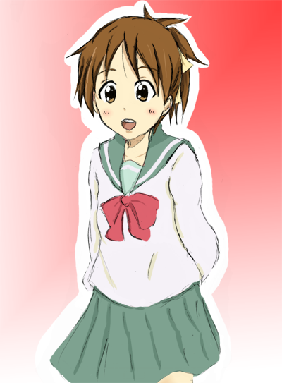hirasawa ui, k-on!, 00s, brown eyes, brown hair, hair ribbon, open mouth, ponytail, ribbon, school uniform, serafuku, skirt, solo