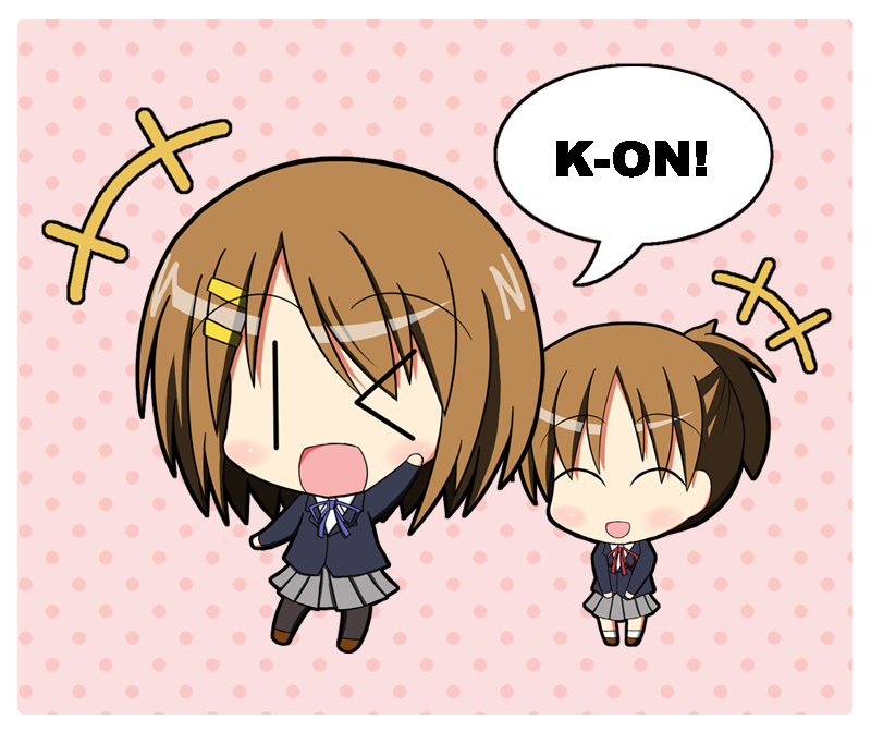 ogarasu, hirasawa ui, hirasawa yui, k-on!, bad id, bad pixiv id, > <, 00s, 2girls, ^ ^, brown hair, chibi, closed eyes, hair ornament, hairclip, multiple girls, open mouth, pantyhose, ponytail, school uniform, short hair, siblings, sisters, skirt, smile, | |
