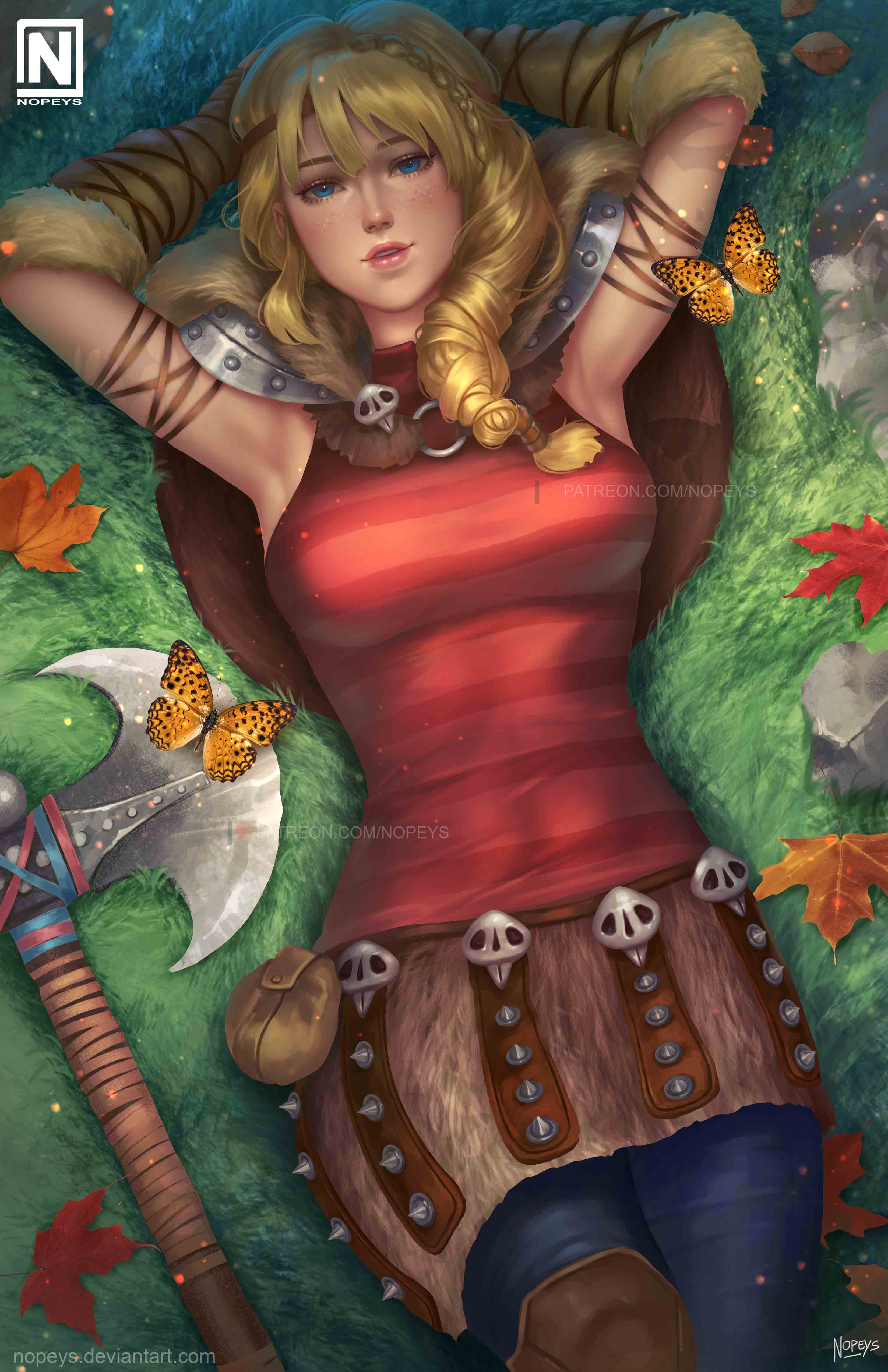 nopeys, astrid hofferson, how to train your dragon (series), how to train your dragon 2, absurdres, highres, 1girl, armor, armpits, arms behind head, artist logo, axe, blonde hair, blue eyes, blue pants, breasts, bug, butterfly, deviantart username, fur (clothing), fur skirt, grass, insect, leaf, leather, leather skirt, logo, looking at viewer, lying, maple leaf, medium breasts, on back, on grass, orange butterfly, pants, pauldrons, ponytail, red shirt, rock, shirt, shoulder armor, signature, skirt, sleeveless, sleeveless shirt, solo, spiked skirt, viking, watermark, web address