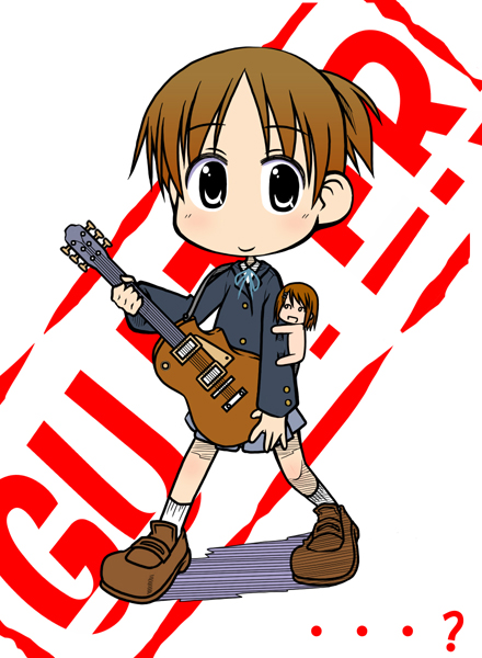 hirasawa ui, hirasawa yui, k-on!, bad id, bad pixiv id, 00s, brown hair, chibi, guitar, instrument, ponytail, school uniform, short hair, siblings, sisters, skirt, smile