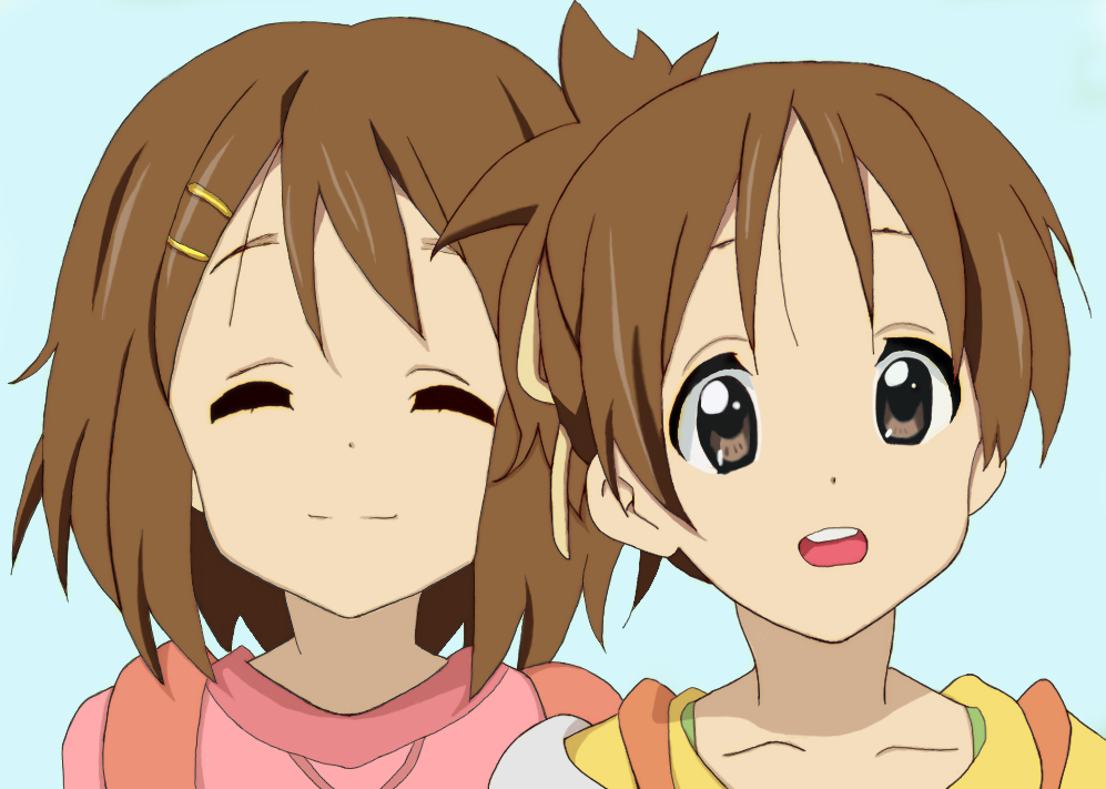 shinasaki (shinasaki), hirasawa ui, hirasawa yui, k-on!, 00s, 2girls, brown eyes, brown hair, closed eyes, hair ornament, hair ribbon, hairclip, multiple girls, open mouth, ponytail, ribbon, short hair, siblings, sisters, smile