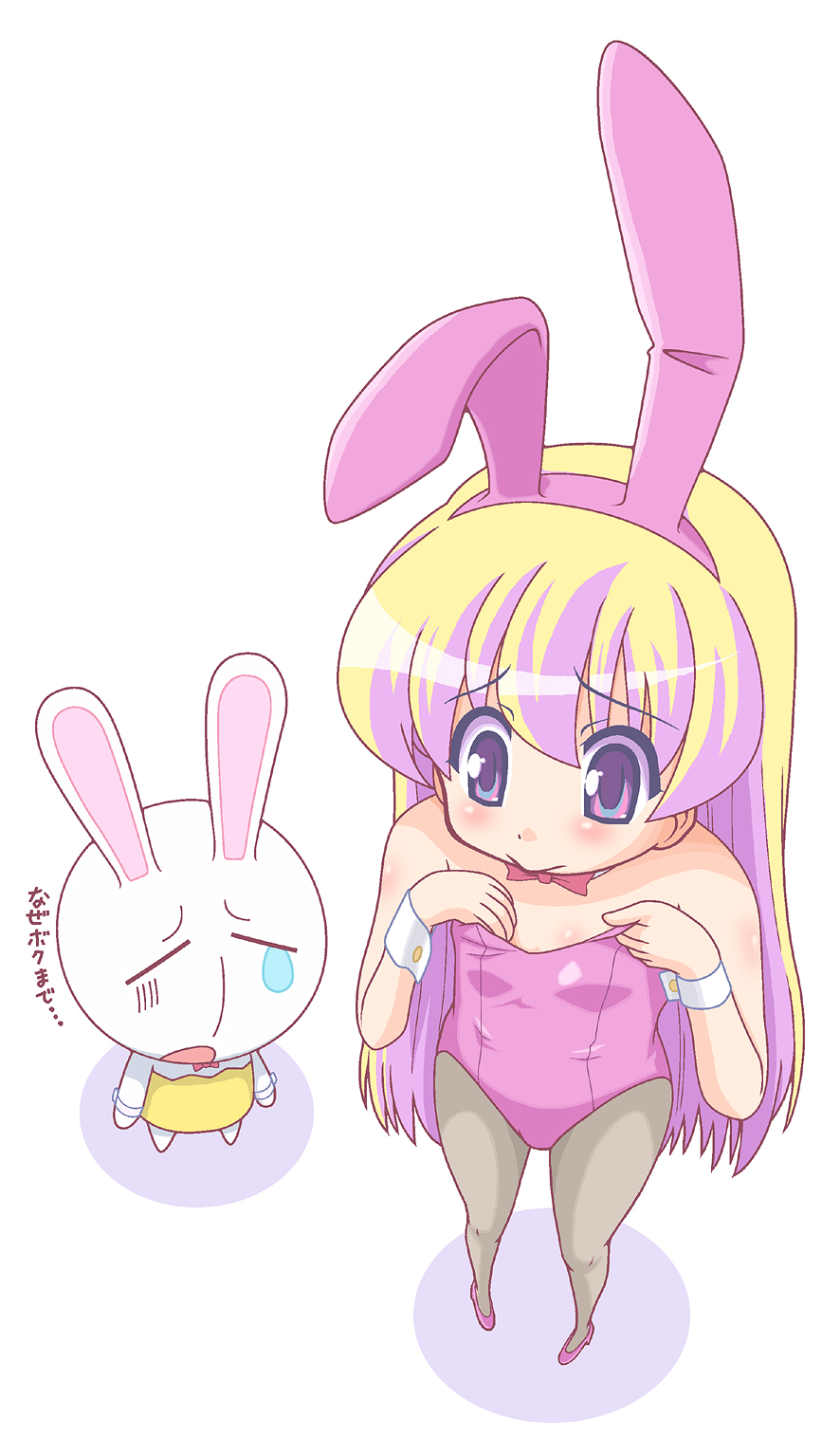 ki (adotadot), mesousa, rebecca miyamoto, pani poni dash!, bad id, bad pixiv id, highres, translation request, 00s, 1girl, :>, animal ears, blonde hair, child, fake animal ears, female focus, flat chest, foreshortening, full body, long hair, pantyhose, playboy bunny, purple eyes, rabbit ears, solo, standing, teardrop, tears