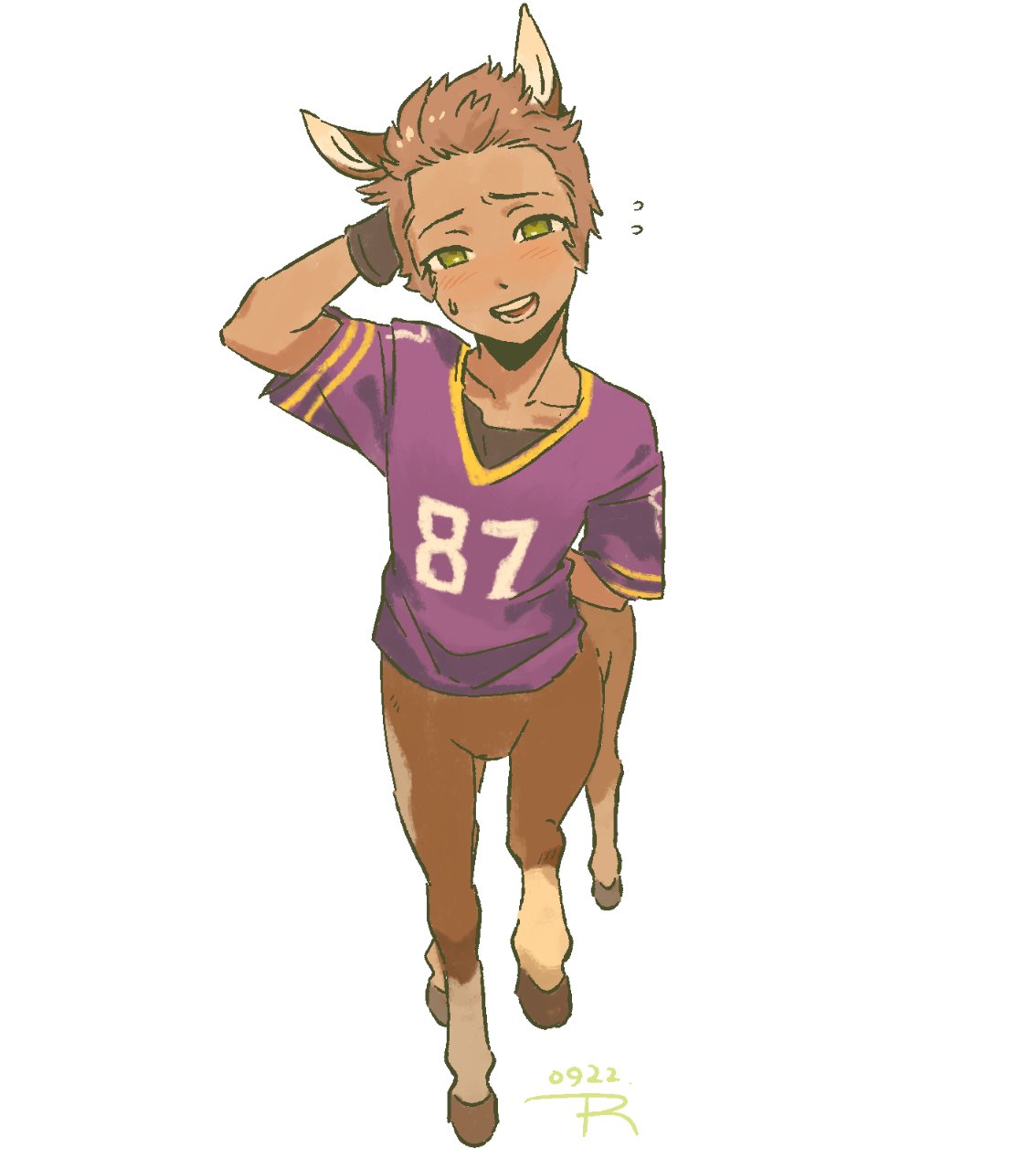 our life: beginnings and always, commentary, english commentary, highres, 1boy, 74000000star, animal ears, arm behind back, black gloves, brown hair, derek suarez, full body, gloves, green eyes, horse boy, horse ears, looking at viewer, nervous, open mouth, our life, print shirt, purple shirt, scratching head, shirt, short hair, sideburns, solo, sweatdrop, undershirt