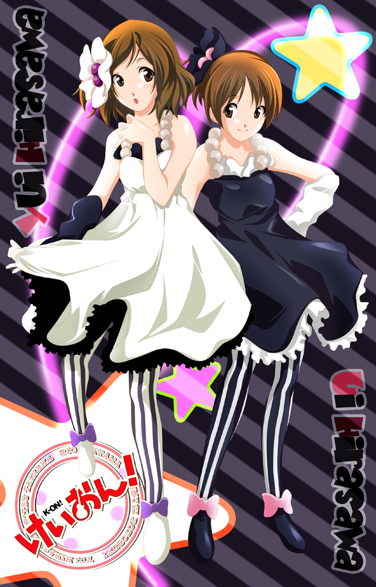 akaho sakura, hirasawa ui, hirasawa yui, k-on!, bad id, bad pixiv id, highres, 00s, 2girls, brown eyes, brown hair, multiple girls, open mouth, pantyhose, ponytail, ribbon, short hair, siblings, sisters, smile, star (symbol)