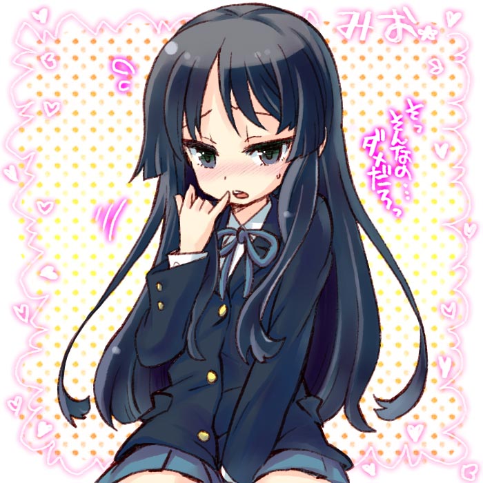 halo (artist), akiyama mio, k-on!, translation request, 00s, 1girl, black eyes, black hair, blunt bangs, blush, female focus, hime cut, long hair, school uniform, solo