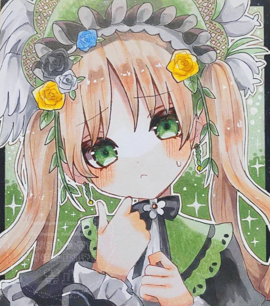 tono hanna, mahou shoujo no majo saiban, highres, traditional media, 1girl, black flower, black rose, blonde hair, closed mouth, flower, frown, green background, green bonnet, green eyes, hair flower, hair ornament, hands up, long hair, long sleeves, looking at viewer, outline, poyo (poyo2255), rose, solo, sparkle, sweatdrop, twintails, upper body, white flower, white outline, white rose, yellow flower, yellow rose