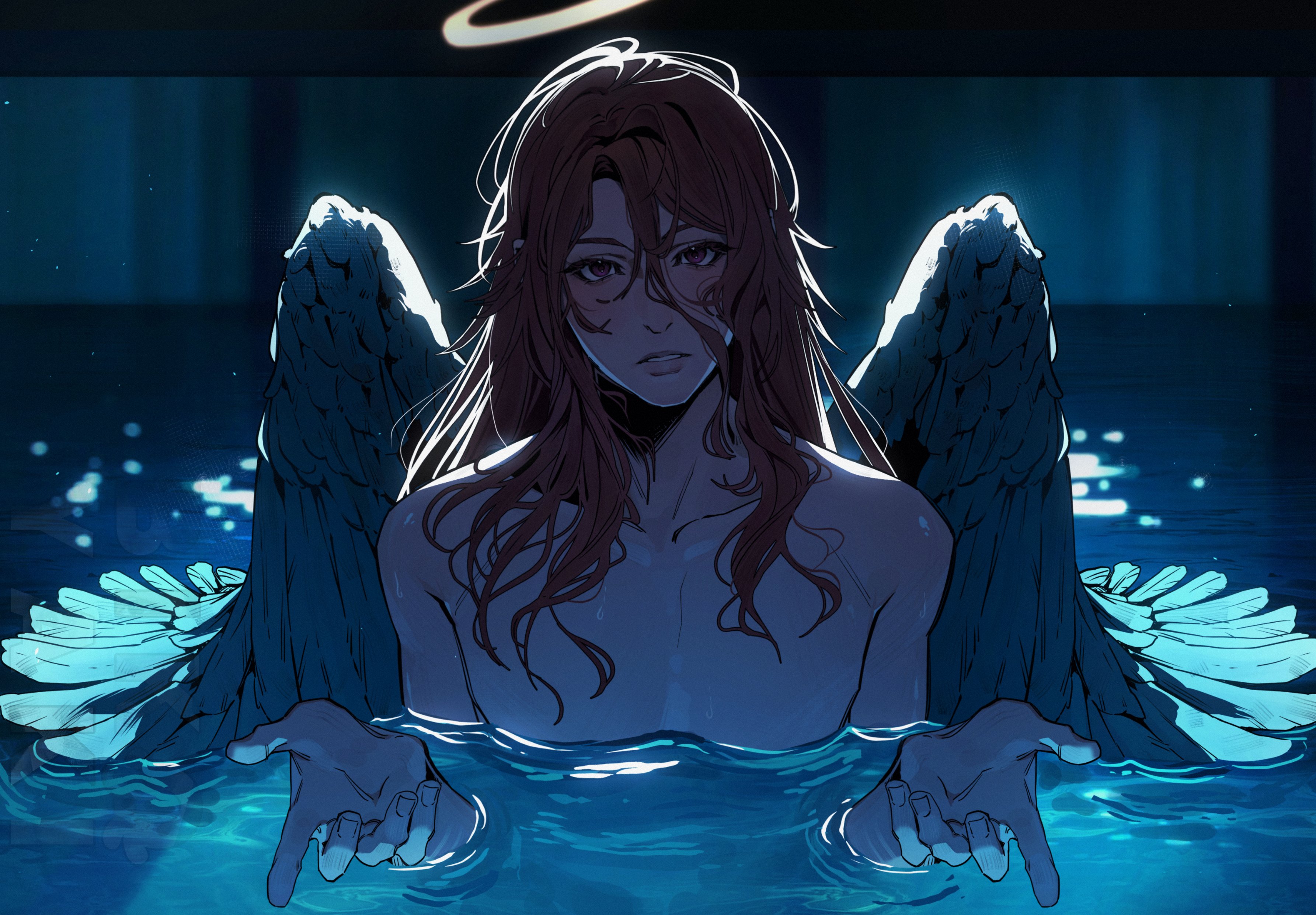 angel devil (chainsaw man), chainsaw man, absurdres, highres, 1boy, angel wings, bikoyaki, collarbone, halo, i'll teach you everything (chainsaw man), long hair, looking at viewer, male focus, nude, parted lips, partially submerged, pool, red eyes, scene reference, skinny dipping, solo, teeth, upper body, wet, wet hair, white wings, wings
