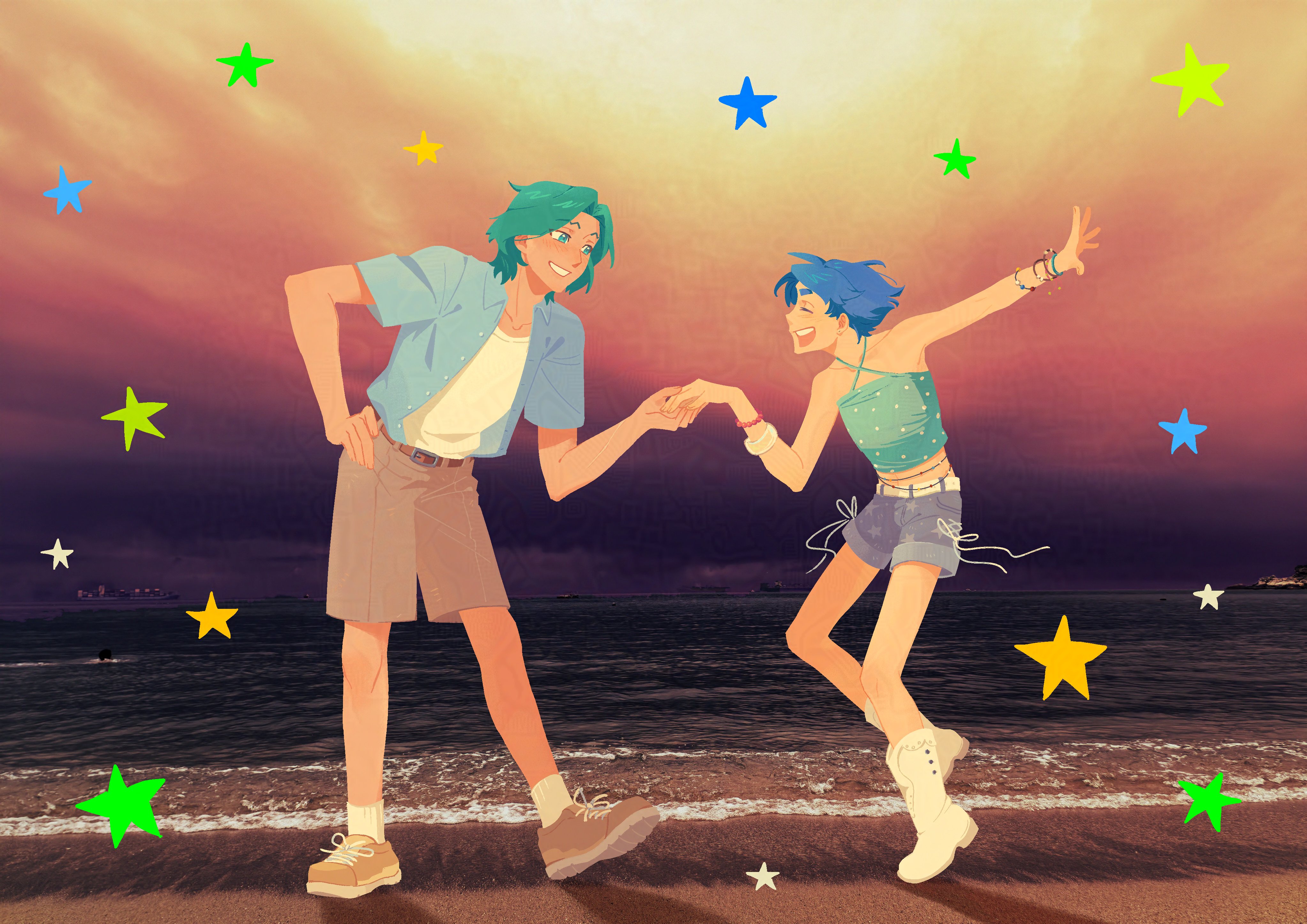 main character (our life), our life: beginnings and always, absurdres, hashtag-only commentary, highres, 2boys, 74000000star, :d, beach, blue hair, blue jacket, boots, bracelet, cove holden, criss-cross halter, curtained hair, dancing, full body, green eyes, green hair, grin, halterneck, hand on own hip, holding hands, jacket, jewelry, looking at another, midriff, multiple boys, multiple bracelets, no lineart, open mouth, our life, outdoors, outstretched arm, photo inset, shirt, shorts, sidelocks, smile, standing, standing on one leg, star (symbol), sunset, tank top, white shirt