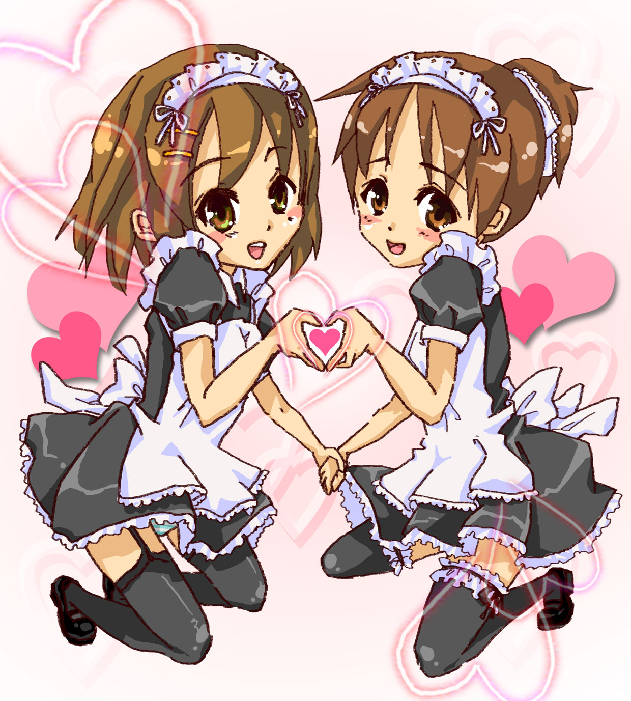 yukimococo, hirasawa ui, hirasawa yui, k-on!, highres, 00s, 2girls, apron, blush, brown eyes, brown hair, garter belt, hair ornament, hair ribbon, hairclip, heart, heart hands, heart hands duo, heart in heart hands, holding hands, maid, maid apron, maid headdress, multiple girls, open mouth, panties, ponytail, ribbon, short hair, siblings, sisters, smile, thighhighs, underwear