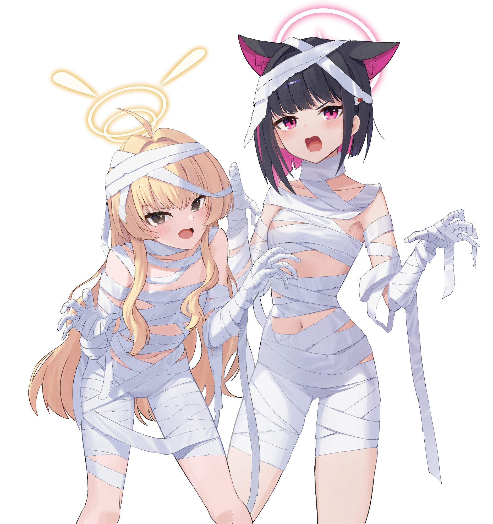 ranyu, kazusa (blue archive), yoshimi (blue archive), yoshimi (halloween) (blue archive), blue archive, highres, 2girls, animal ears, bandage on hair, bandaged arm, bandaged chest, bandaged leg, bandaged torso, bandages, black hair, blonde hair, cat ears, cat girl, claw pose, colored inner animal ears, colored inner hair, extra ears, halloween costume, halo, long hair, multicolored hair, multiple girls, mummy, mummy costume, naked bandage, official alternate costume, pink halo, two-tone hair, white background