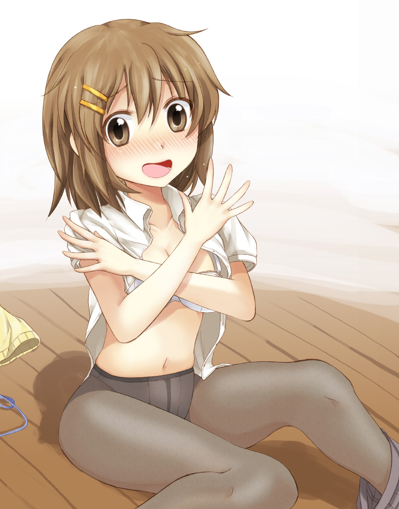 urute, hirasawa yui, k-on!, breast hold, 00s, 1girl, blush, bra, breasts, brown eyes, brown hair, covering privates, crotch seam, embarrassed, female focus, lingerie, navel, panties, panties under pantyhose, pantyhose, school uniform, see-through clothes, short hair, solo, underwear, undressing