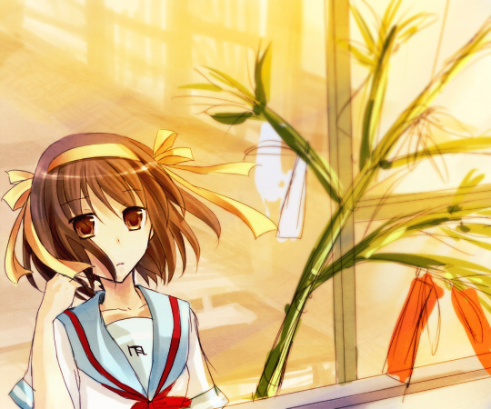 toono aoi, suzumiya haruhi, suzumiya haruhi no yuuutsu, bad id, bad pixiv id, 00s, bamboo, brown eyes, brown hair, hairband, school uniform, serafuku, short hair, solo, tanabata, tanzaku