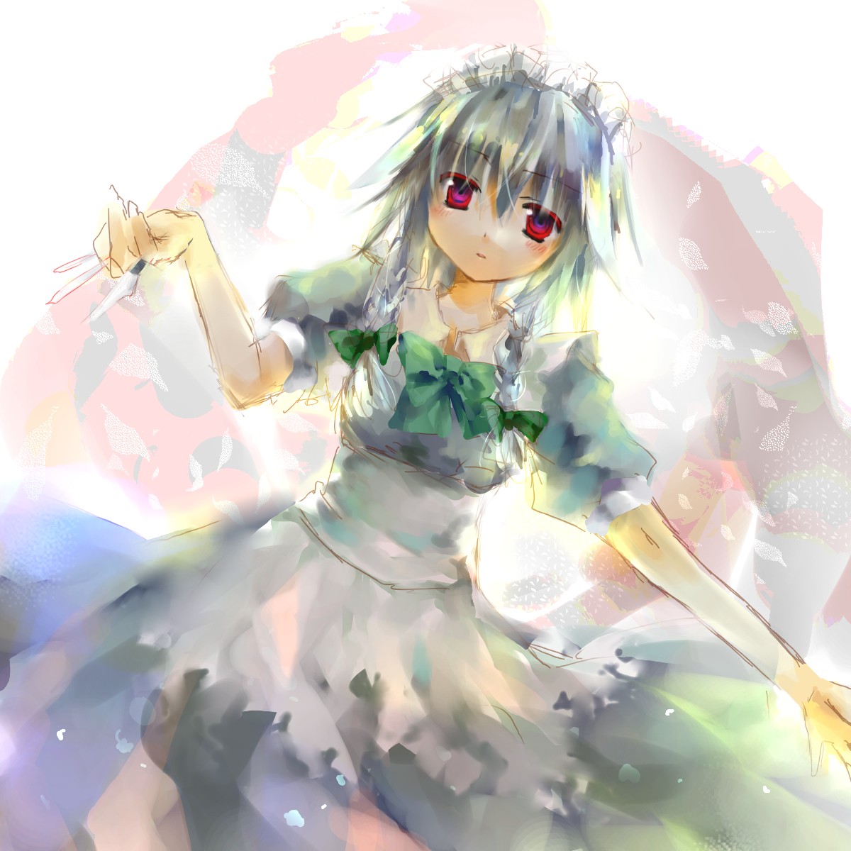 jin rikuri, izayoi sakuya, touhou, silver hair, bad id, bad pixiv id, highres, 1girl, blush, braid, bride, dress, female focus, gradient background, hairband, red eyes, short hair, solo, twin braids, white background