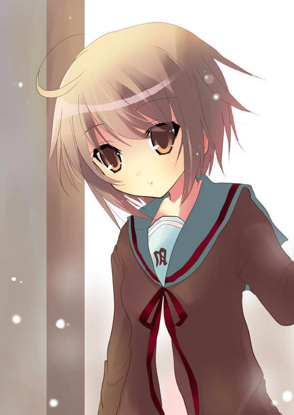 shiwasu horio, nagato yuki, suzumiya haruhi no yuuutsu, 00s, brown eyes, brown hair, cardigan, school uniform, serafuku, short hair, solo