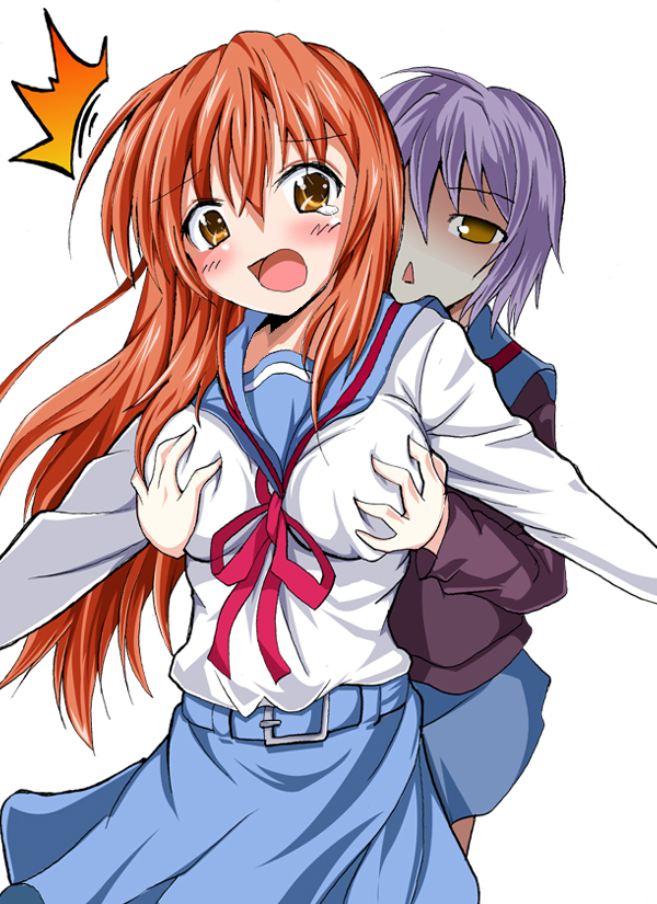 high trap, asahina mikuru, nagato yuki, suzumiya haruhi no yuuutsu, bad id, bad pixiv id, 00s, 2girls, :<, blush, breasts, brown eyes, brown hair, cardigan, grabbing another's breast, grey hair, groping, large breasts, long hair, multiple girls, school uniform, serafuku, short hair, surprised, surprised arms, tears