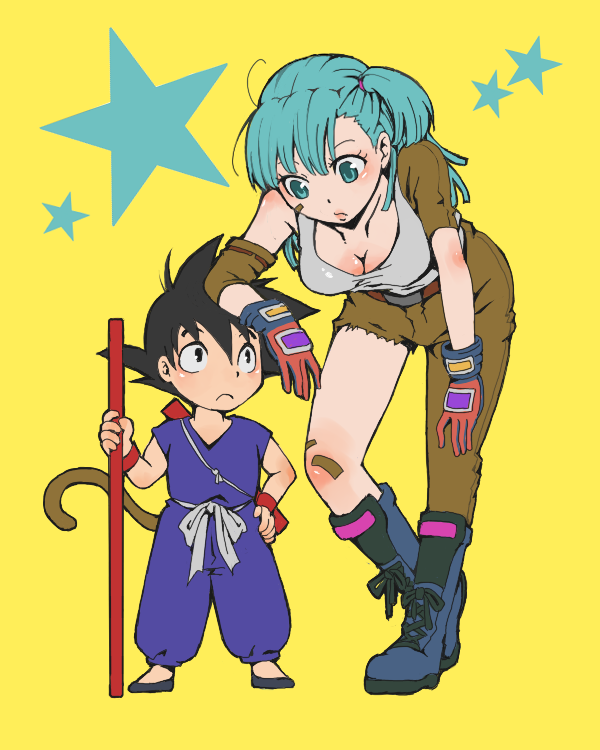 bulma, son goku, dragon ball, bandages, black hair, blue eyes, blue hair, boots, gloves, matching hair/eyes, ruyi jingu bang, staff, tail, tank top