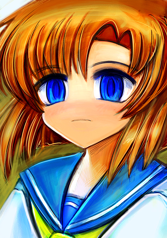 oisin, ryuuguu rena, higurashi no naku koro ni, 00s, blue eyes, brown hair, empty eyes, frown, orange hair, parted bangs, ryukishi07 (style), school uniform, serafuku, short hair, solo