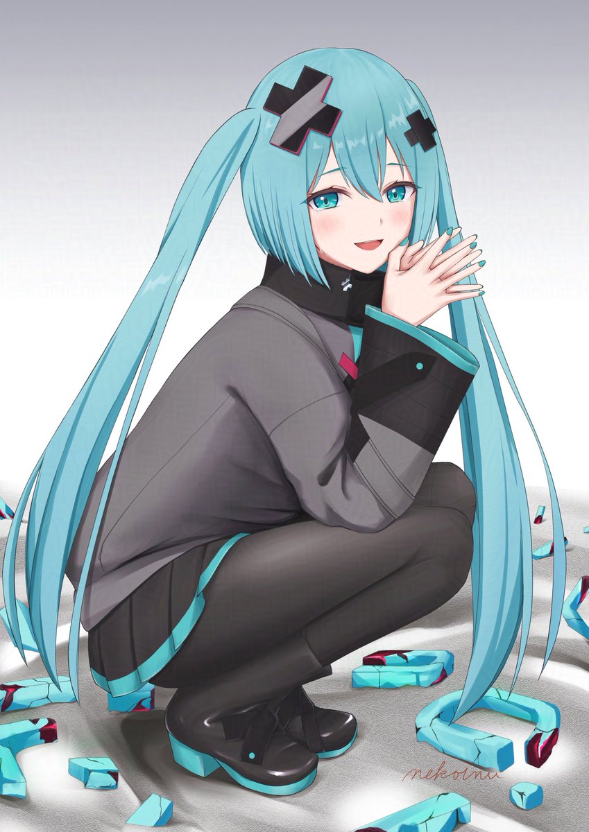 nekoinu bamboo, batsu miku, hatsune miku, kowareta sekai to utaenai miku, project sekai, commentary request, highres, 1girl, aqua eyes, aqua hair, aqua nails, aqua trim, black pantyhose, black skirt, blush, grey jacket, hair between eyes, hair ornament, jacket, long hair, long sleeves, looking at viewer, miniskirt, open mouth, pantyhose, pleated skirt, skirt, smile, squatting, turtleneck, turtleneck jacket, twintails, very long hair, x hair ornament