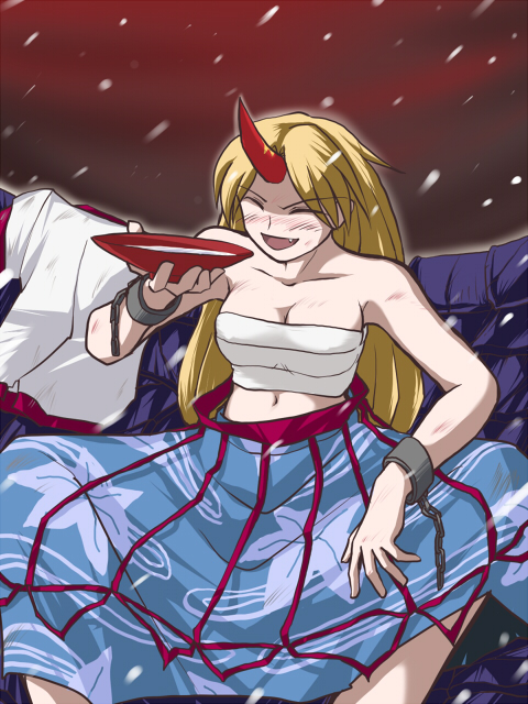 yuzukineko, hoshiguma yuugi, touhou, 1girl, alcohol, blonde hair, breasts, cleavage, cuffs, cup, female focus, horns, large breasts, long hair, no shirt, sakazuki, sake, sarashi, shackles, single horn, solo