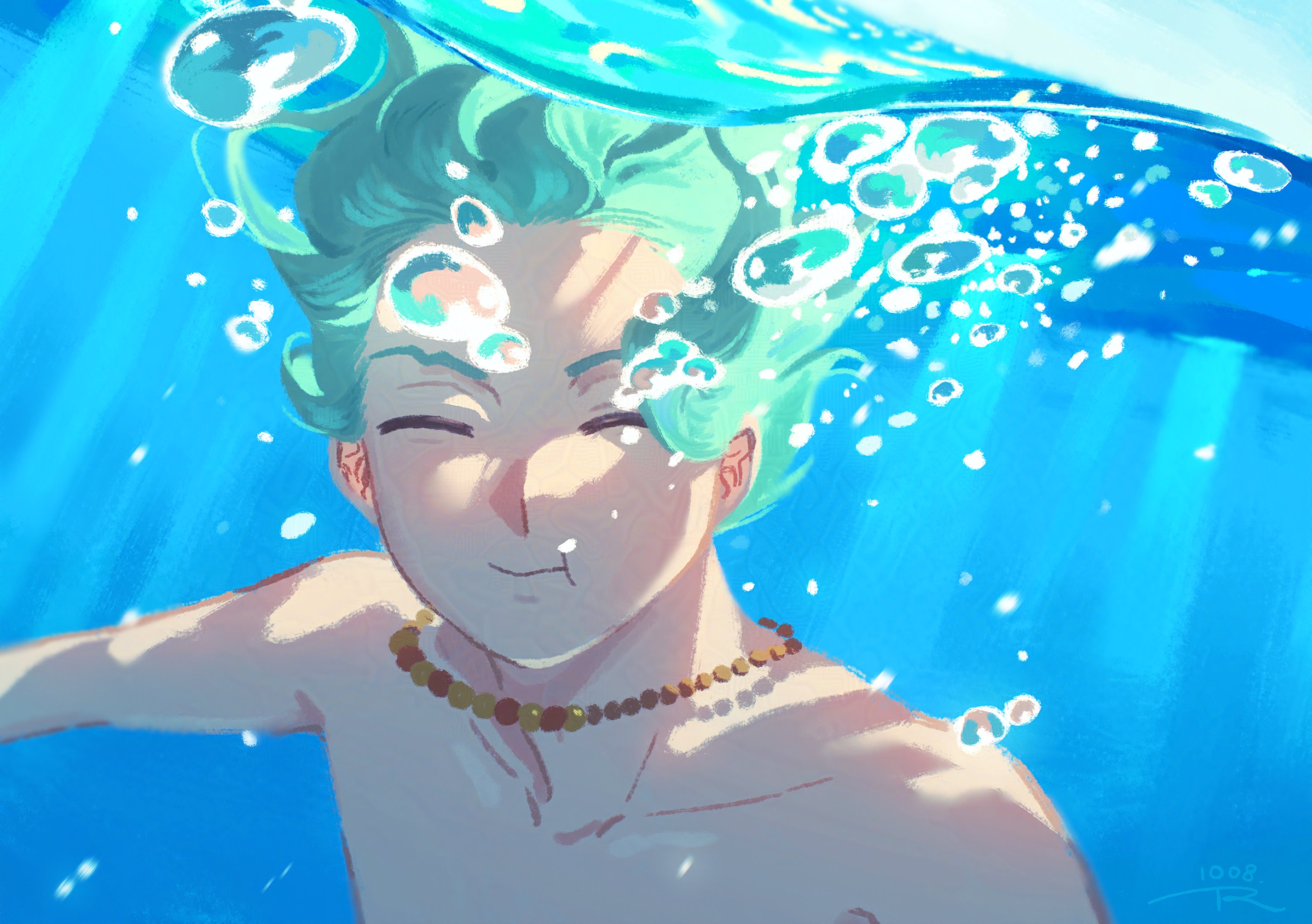 our life: beginnings and always, commentary, english commentary, highres, 1boy, 74000000star, :t, bead necklace, beads, bubble, closed eyes, cove holden, dappled sunlight, day, floating hair, green hair, jewelry, light rays, male focus, necklace, no shirt, our life, outdoors, outstretched arms, painterly, partially underwater shot, short hair, solo, submerged, subsurface scattering, sunlight