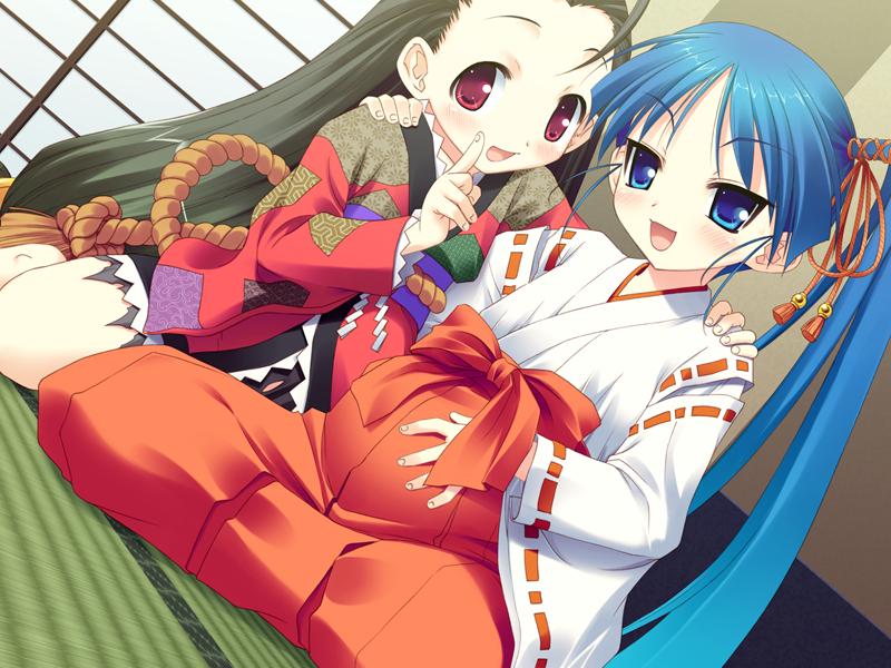 saitou tsukasa, fujiyoshi minamo, miko kami, game cg, 2girls, ahoge, black hair, blue eyes, blue hair, blush, happy, japanese clothes, loli, long hair, miko, multiple girls, open mouth, pregnant, red eyes, side ponytail, very long hair