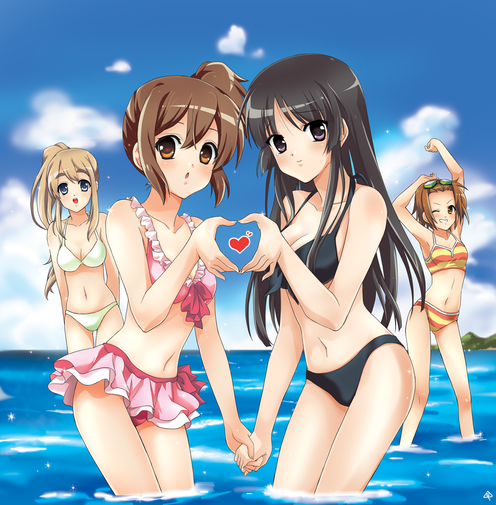 sugaro, akiyama mio, hirasawa yui, kotobuki tsumugi, tainaka ritsu, k-on!, 00s, 4girls, arms up, bikini, black eyes, black hair, blonde hair, blue eyes, brown eyes, brown hair, day, goggles, heart, heart hands, heart hands duo, ho-kago tea time, holding hands, long hair, multiple girls, one eye closed, ponytail, short hair, striped bikini, striped clothes, swimsuit, symmetrical hand pose, wading, water, wink