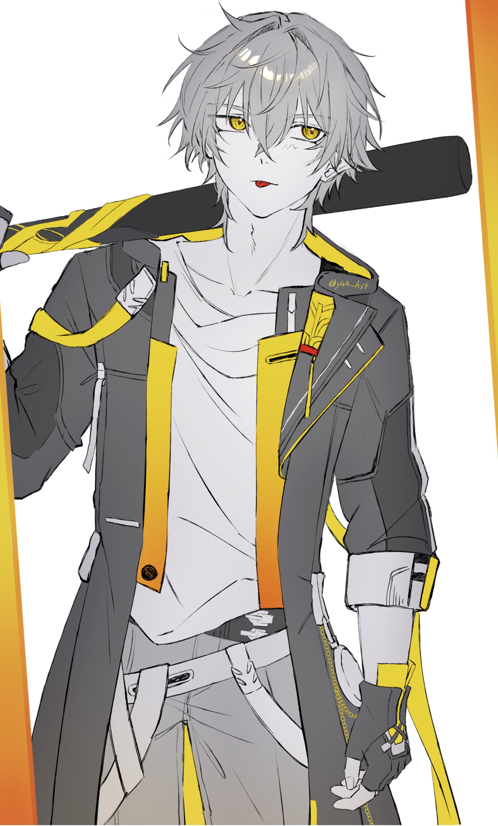 caelus (honkai: star rail), trailblazer (honkai: star rail), honkai: star rail, honkai (series), absurdres, commentary request, highres, 1boy, artist name, baseball bat, belt, border, chain, coat, collarbone, cowboy shot, fingerless gloves, fingernails, gloves, greyscale, hair between eyes, hand up, holding, holding baseball bat, hood, hooded coat, lapels, long sleeves, looking afar, male focus, monochrome, open clothes, open coat, orange border, pants, pocket watch, shirt, short hair, solo, t-shirt, tongue, tongue out, two-sided coat, two-sided fabric, watch, yellow eyes, yua hsr