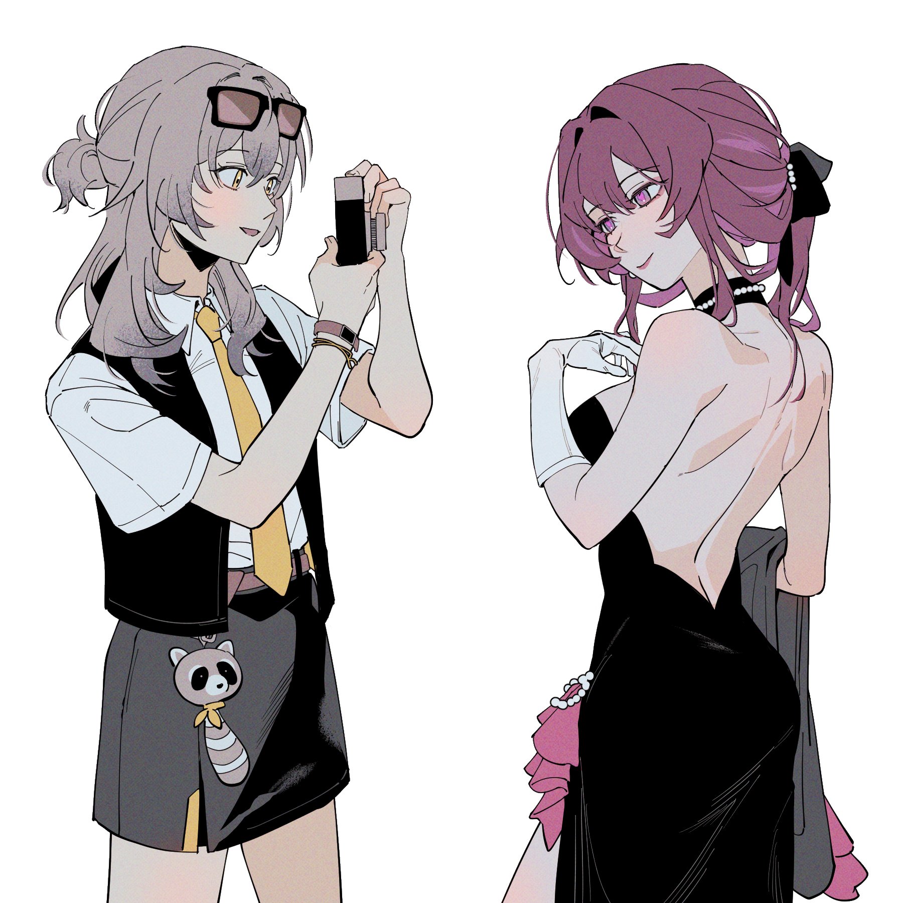 d0600059994959, kafka (honkai: star rail), stelle (honkai: star rail), trailblazer (honkai: star rail), honkai: star rail, honkai (series), commentary, commission, english commentary, highres, 2girls, alternate costume, alternate hairstyle, bare back, bare shoulders, belt, black bow, black choker, black dress, black vest, bow, breasts, camera, character charm, charm (object), choker, closed mouth, collared shirt, cowboy shot, dress, elbow gloves, fingernails, gem, gloves, grey hair, grey skirt, hair between eyes, hair bow, hair bun, hand up, hands up, holding, holding camera, jewelry, long hair, looking at another, medium breasts, miniskirt, multiple girls, necklace, necktie, open clothes, open mouth, open vest, pearl (gemstone), pearl necklace, pink belt, pink lips, pink pupils, ponytail, purple eyes, purple hair, shirt, short sleeves, sidelocks, simple background, skirt, sleeveless, sleeveless dress, smile, strapless, strapless dress, taking picture, vest, watch, white background, white gloves, white shirt, wristwatch, yellow eyes, yellow necktie