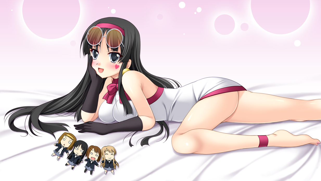 narutaki shin, akiyama mio, hirasawa yui, kotobuki tsumugi, tainaka ritsu, fuwafuwa time, k-on!, 00s, 5girls, :<, barefoot, black eyes, black hair, doll, facepaint, gloves, heart, long hair, lying, multiple girls, o o, on stomach, sunglasses